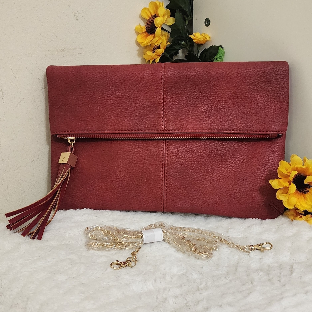 Women's Red Leather Fold-Over Clutch with Tassel